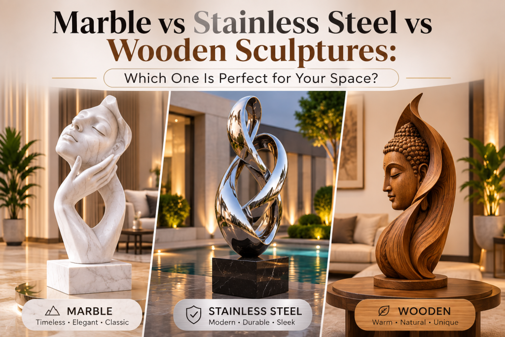 marble vs stainless steel vs wooden sculptures